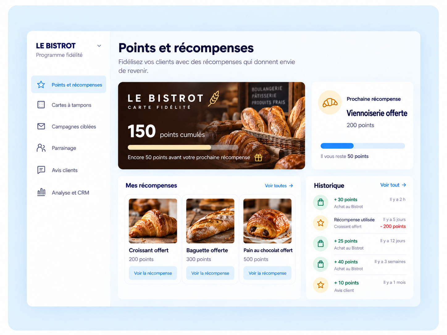 Interface de fidélité du Bistrot : carte, viennoiseries et récompenses